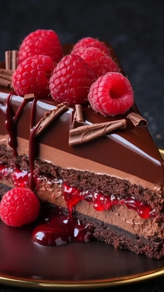 Delicious chocolate raspberry tart with layers of rich chocolate and fresh berries