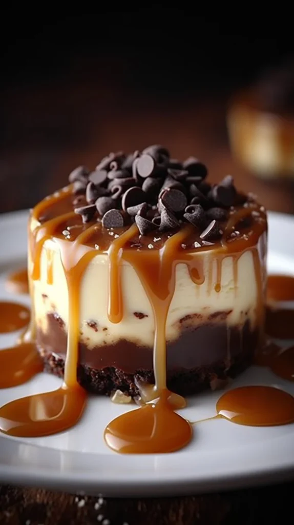 Irresistible salted caramel chocolate chip cheesecakes topped with caramel drizzle