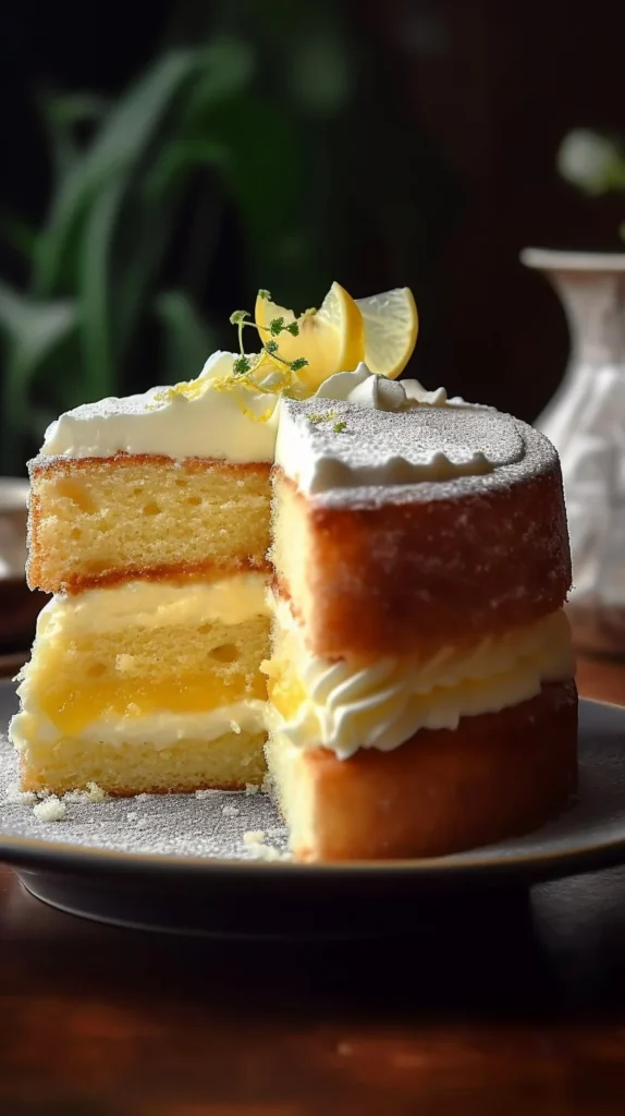 Slice of Italian Lemon Cream Cake with fresh lemon garnish