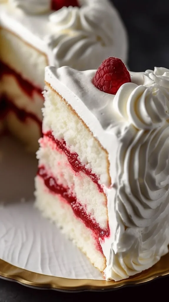 A beautifully layered Italian Meringue Cake topped with fluffy meringue
