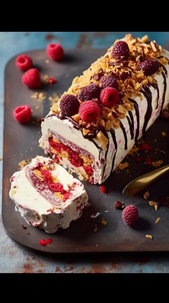 Slice of Jamie Oliver's Honeycomb and Raspberry Viennetta dessert on a plate