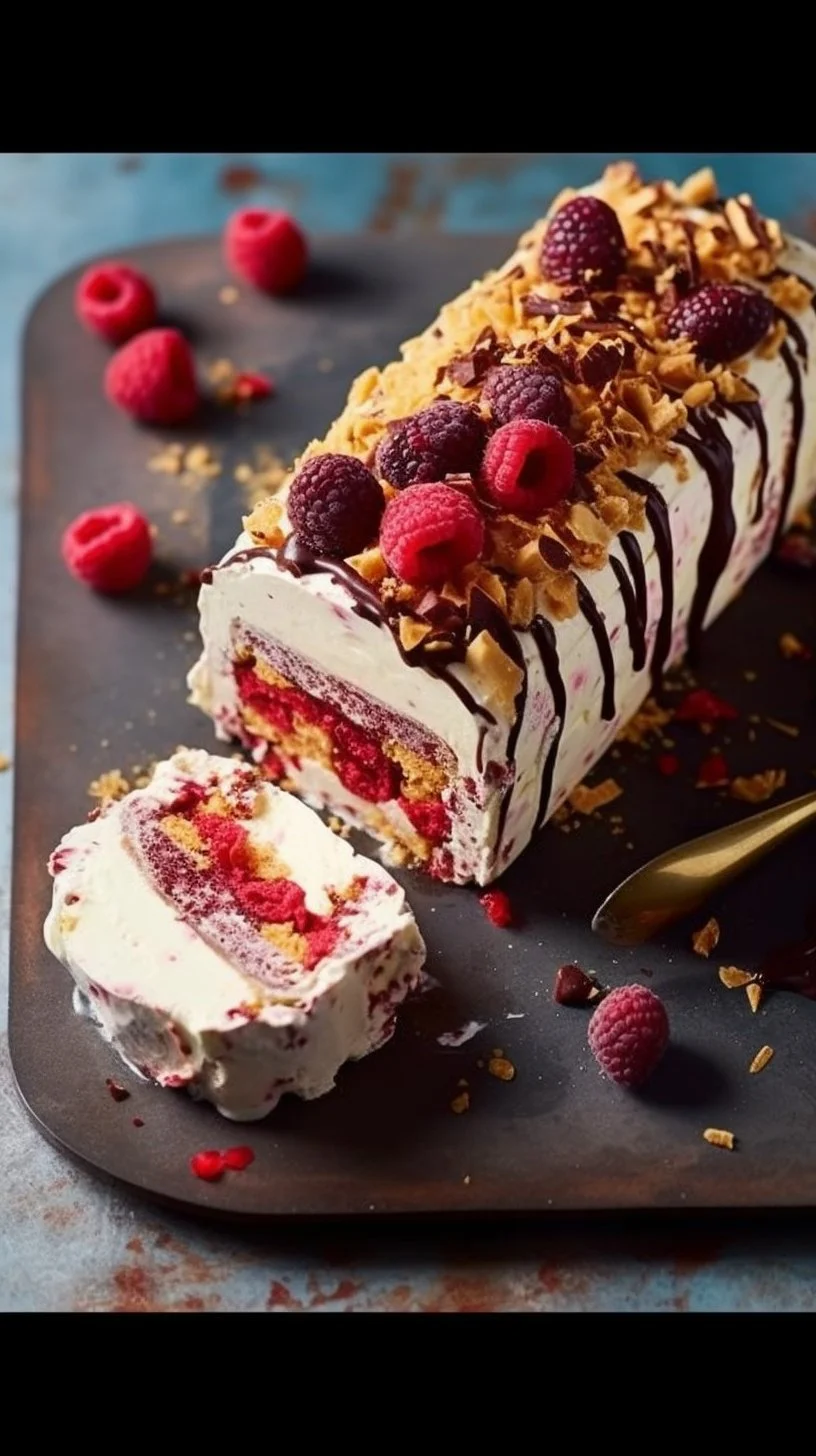 Slice of Jamie Oliver's Honeycomb and Raspberry Viennetta dessert on a plate