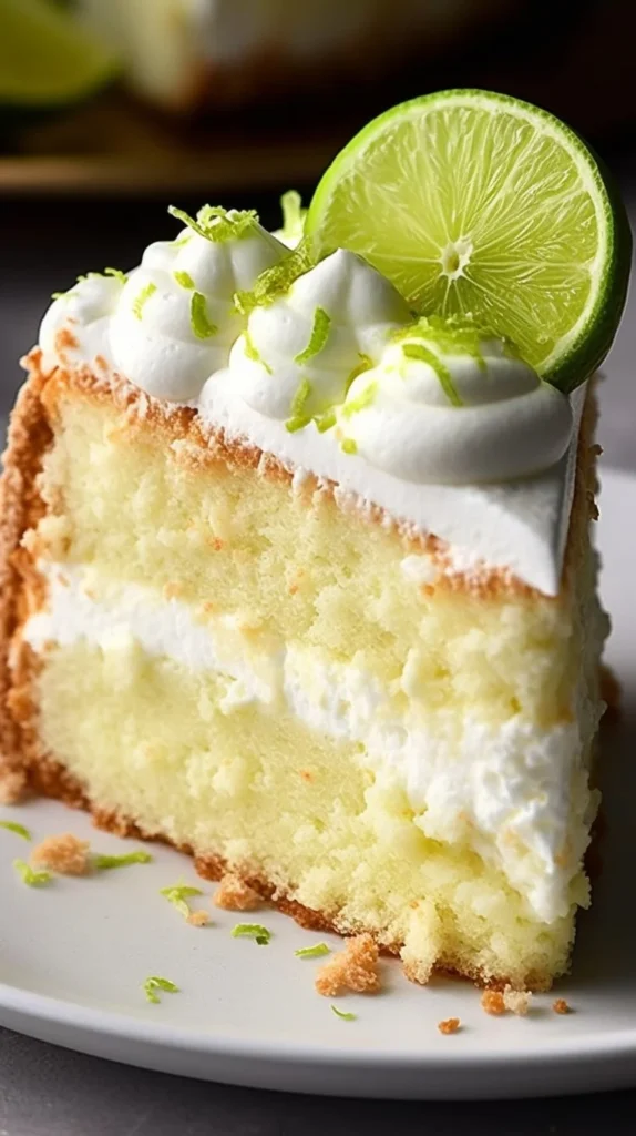 Slice of Key Lime Angel Food Cake topped with whipped cream and lime zest
