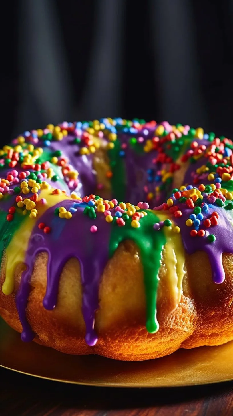 Colorful King Cake decorated with icing and edible beads for Mardi Gras