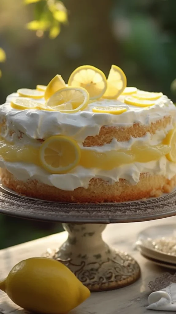 Slice of Lemon Angel Food Cake topped with lemon zest and whipped cream.