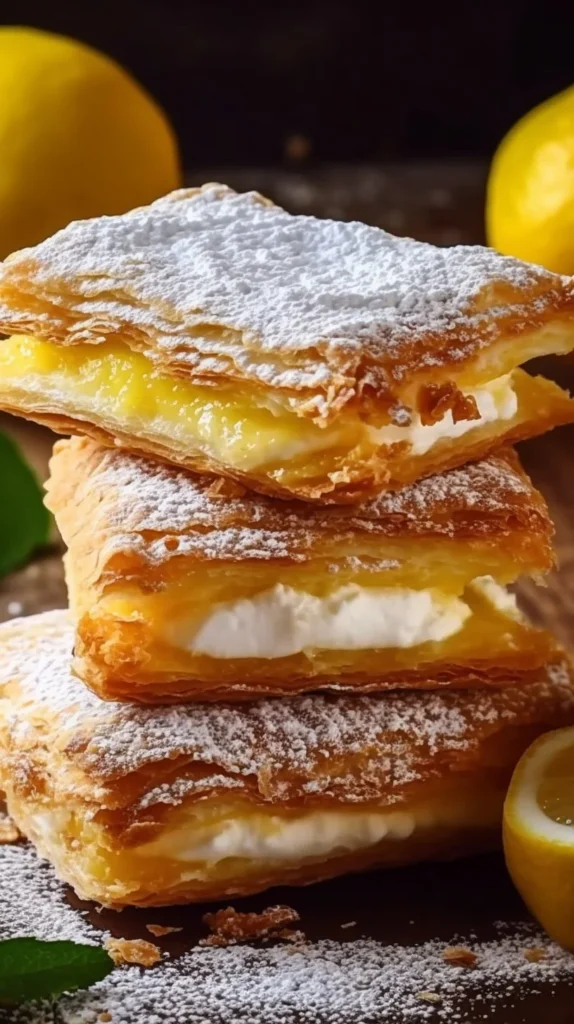 Lemon cream cheese bars on a plate with a flaky crust and lemon garnish.