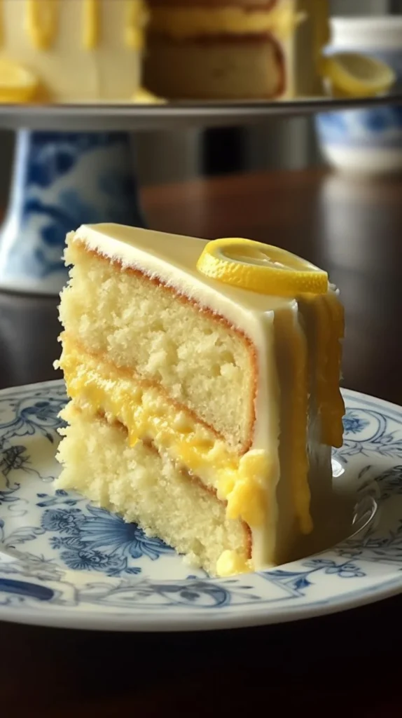 Delicious lemon curd cake topped with fresh lemon slices and icing