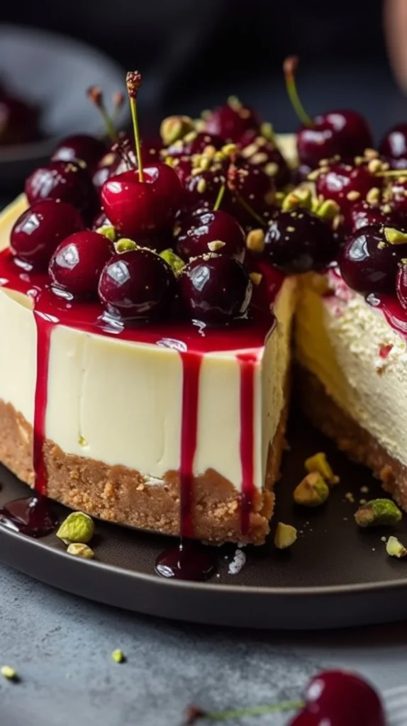 Lemon Lime Cherry Pistachio Cheesecake with vibrant toppings and a creamy texture