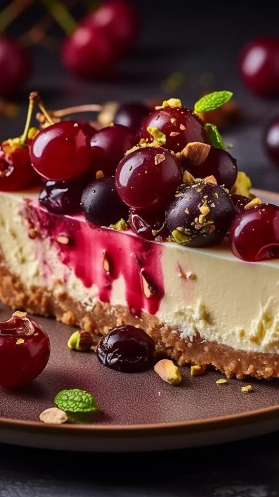 Lemon-Lime Cherry Pistachio Cheesecake garnished with cherries and pistachios