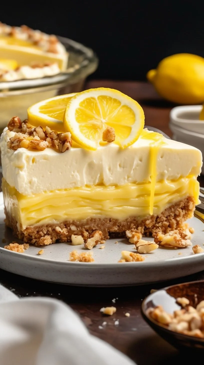 Delicious Lemon Pretzel Salad with colorful layers and lemon topping.