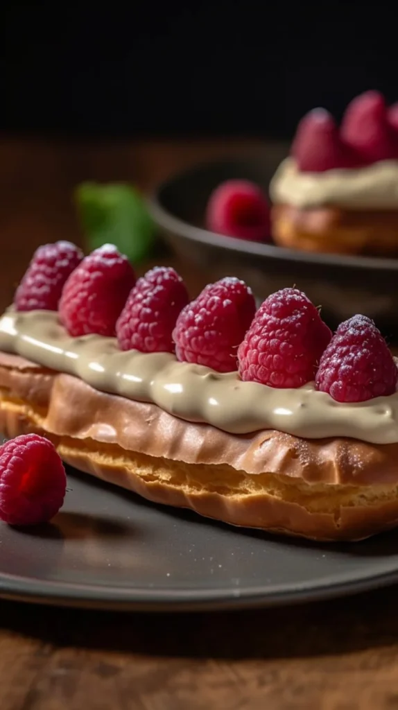 Homemade lemon raspberry eclairs with zesty filling and fresh raspberries.