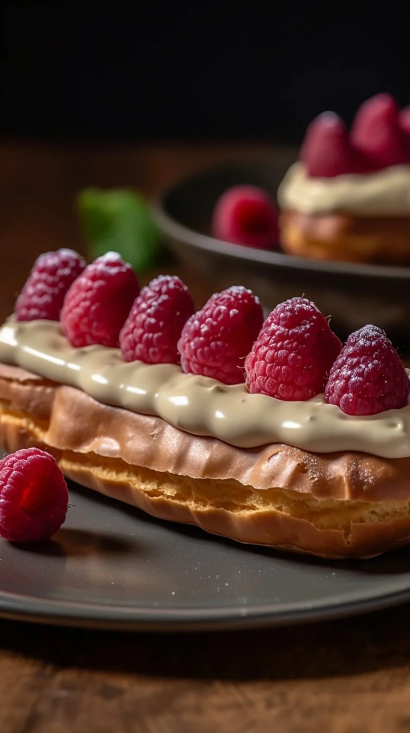 Homemade lemon raspberry eclairs with zesty filling and fresh raspberries.