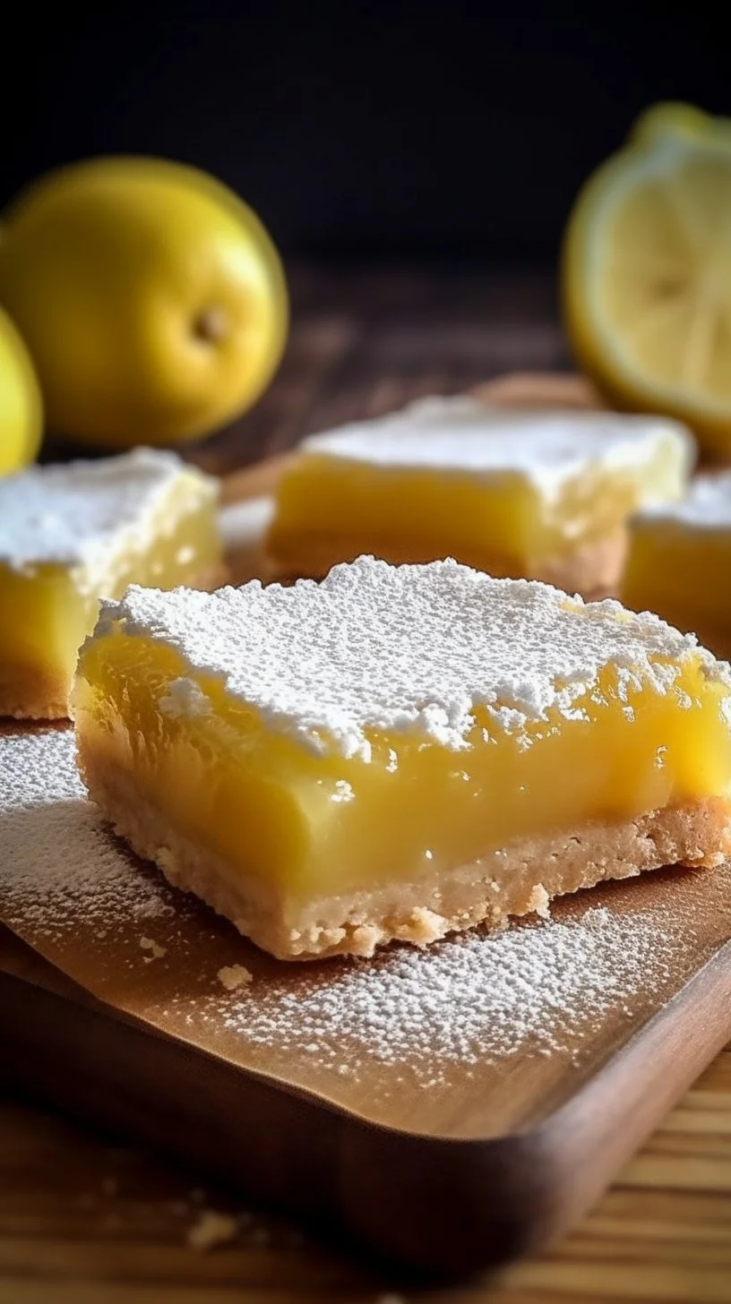 Delicious homemade lemon squares on a plate with powdered sugar
