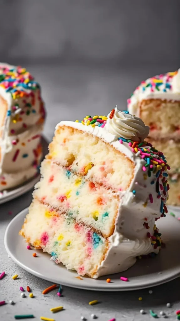 Light Funfetti Angel Food Cake with colorful sprinkles on a white plate
