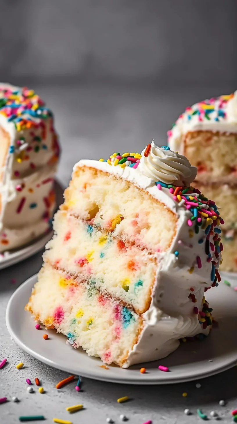 Light Funfetti Angel Food Cake with colorful sprinkles on a white plate