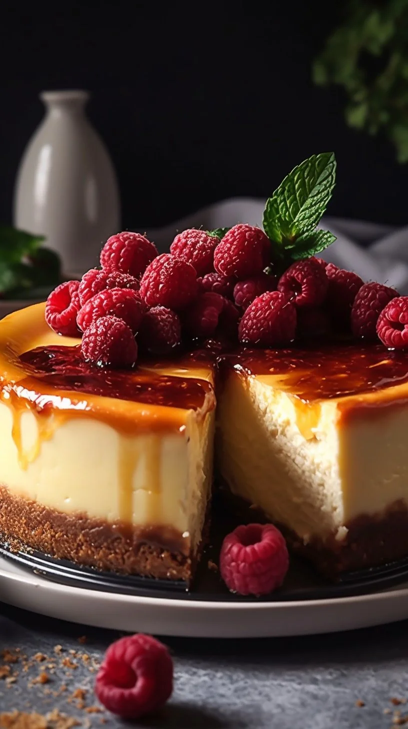 Luxurious velvety crème brûlée cheesecake topped with caramelized sugar crust