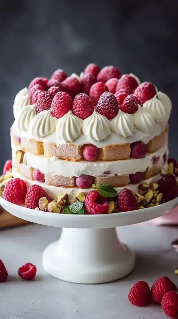 Luxurious White Chocolate Raspberry Charlotte with pistachio and Turkish delight crown