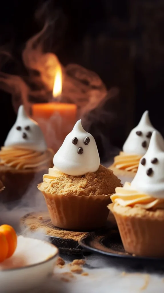 Mini Caramel Meringue Ghost Tarts with spooky decorations