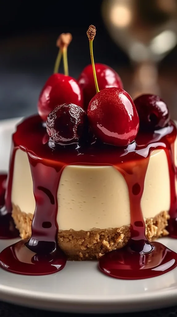 Delicious mini cherry peanut butter cheesecakes on a serving platter