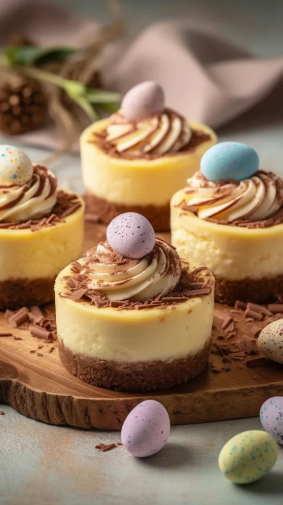 Mini Easter Cheesecakes topped with colorful decorations for a festive dessert.