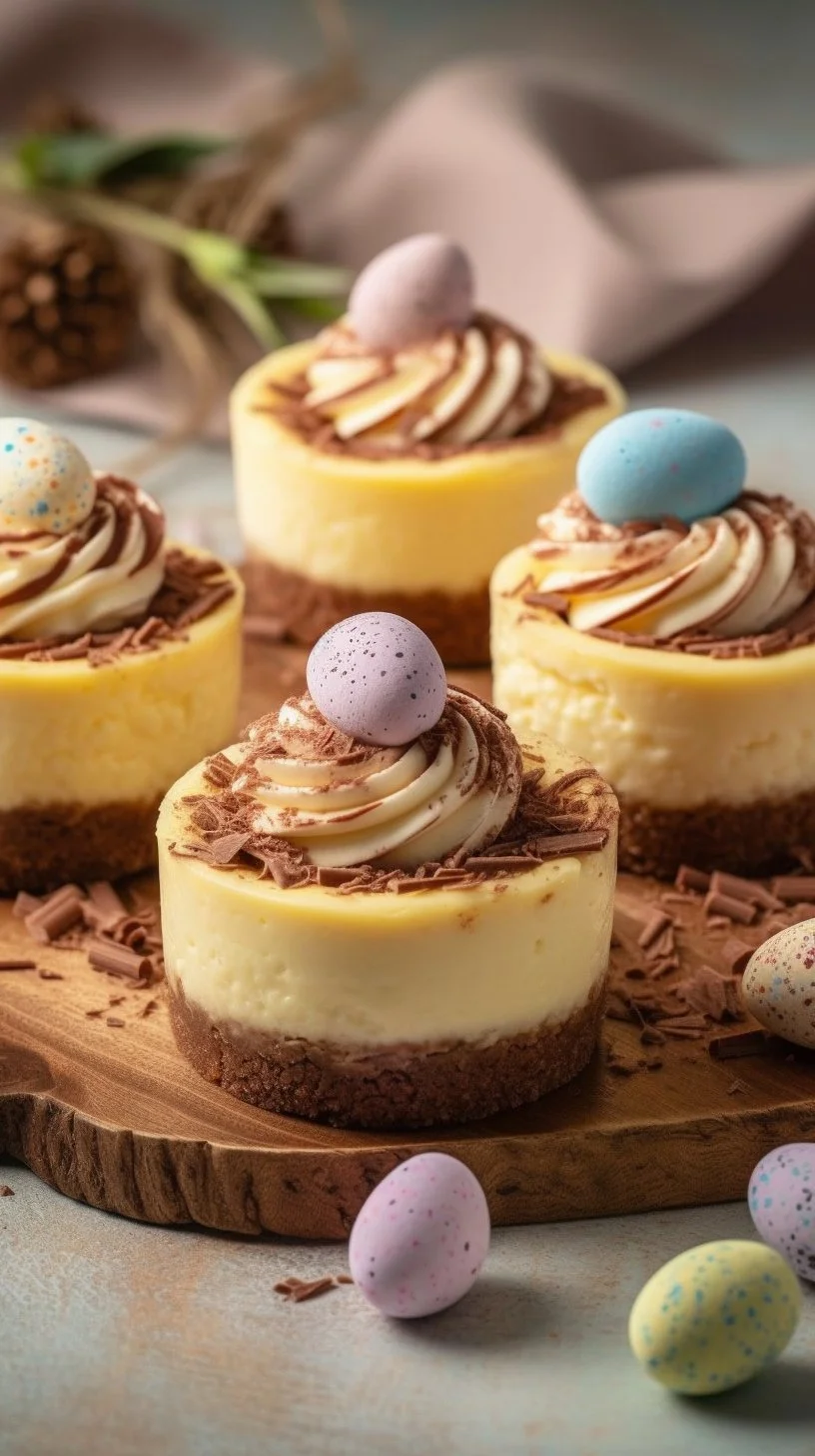 Mini Easter Cheesecakes topped with colorful decorations for a festive dessert.
