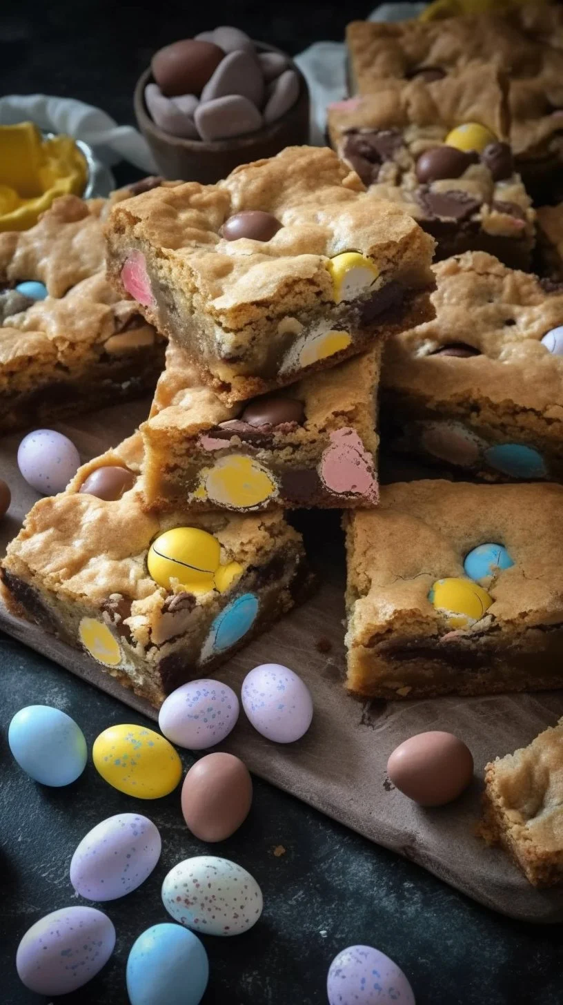 Decadent mini egg cookie bars with colorful chocolate eggs on top