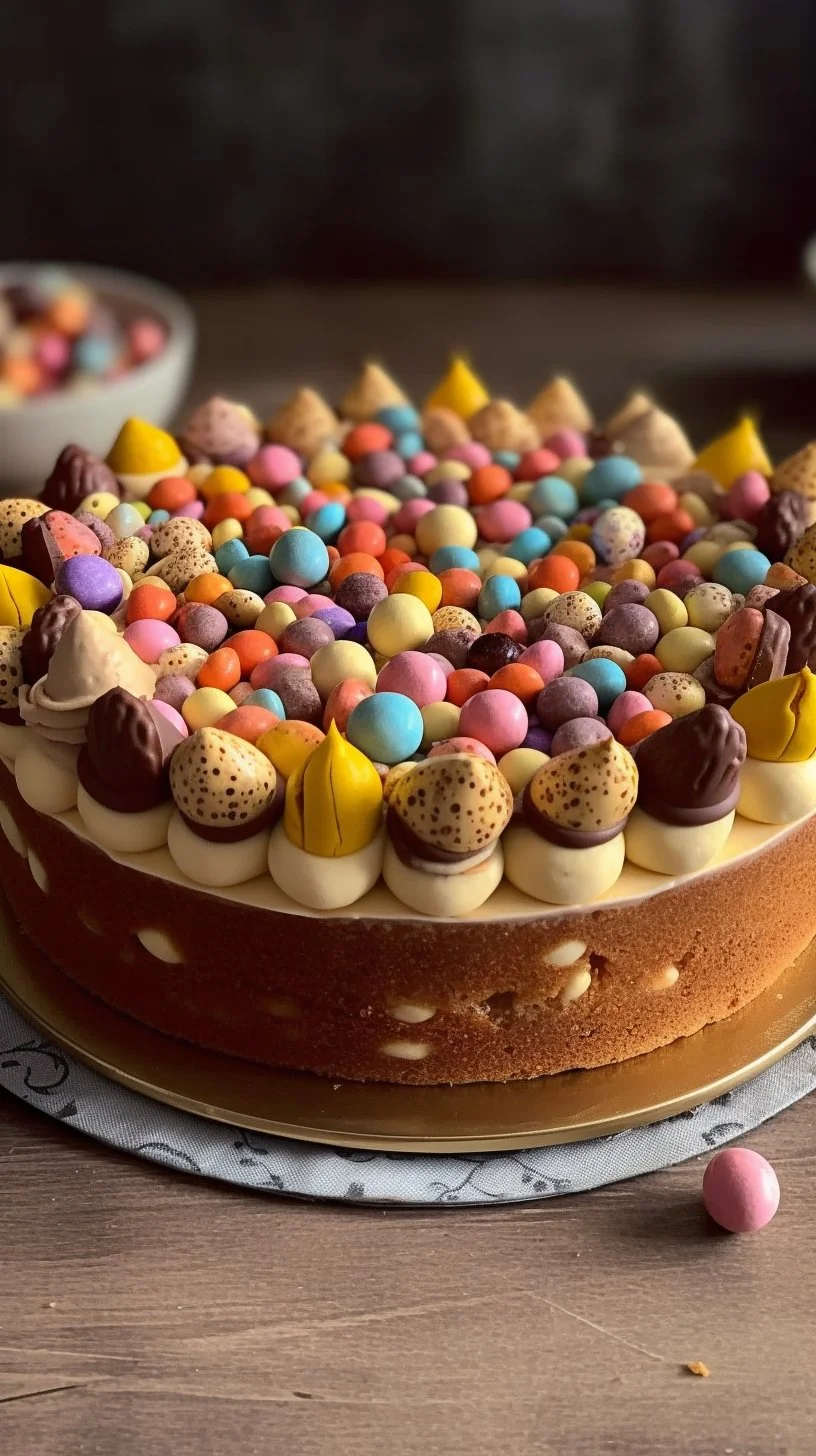 Delicious Mini Eggs Cookie Pie with colorful chocolate eggs on top