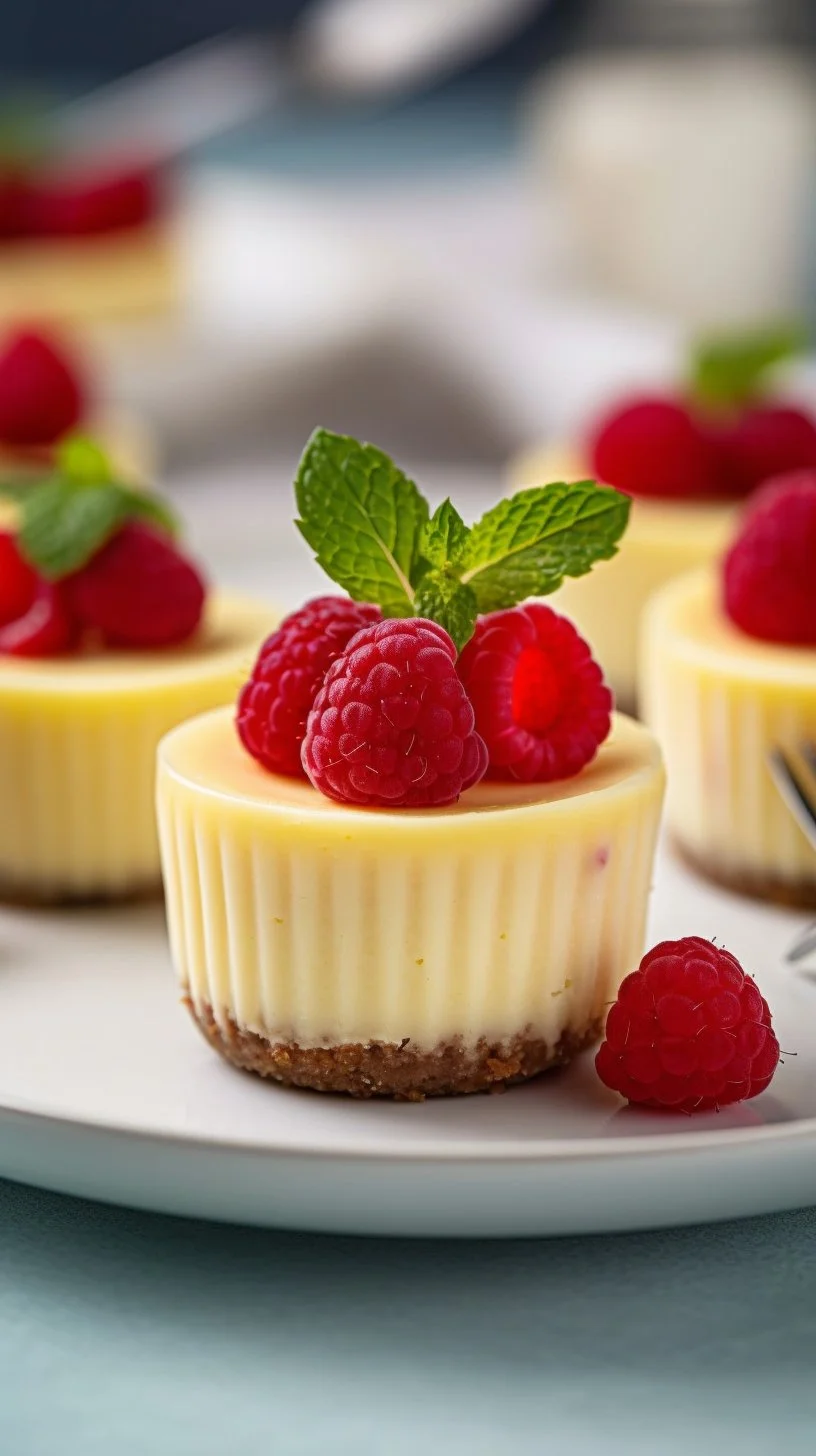 Delicious mini lemon cheesecakes served on a plate.