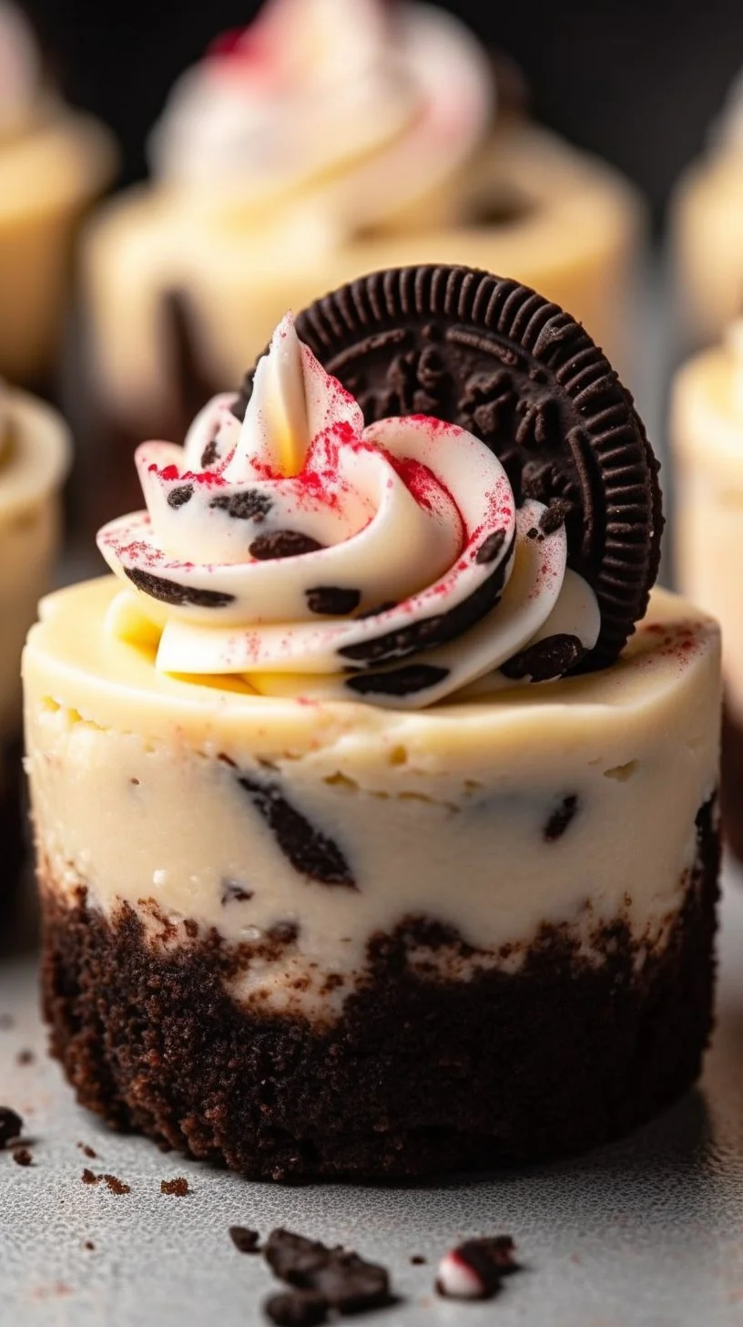 Mini Oreo Cheesecake Bites topped with crushed Oreos on a plate
