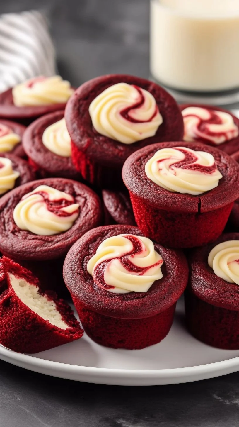 Mini red velvet cheesecakes topped with cream cheese frosting and sprinkles