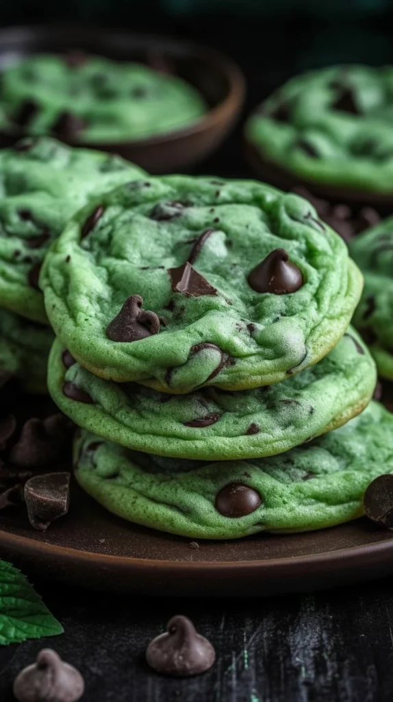 Freshly baked Mint Chocolate Chip Cookies on a cooling rack