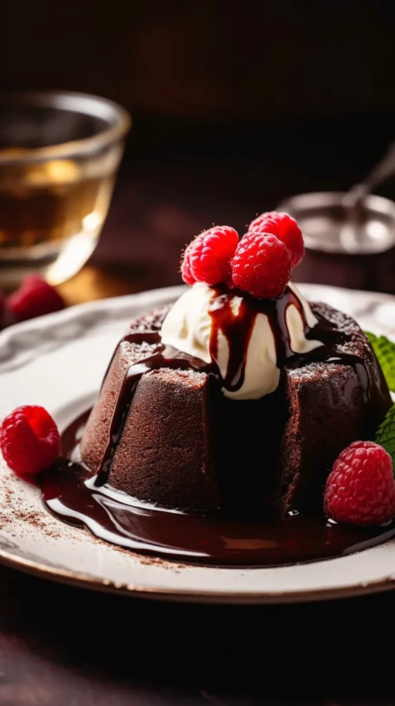 Delicious molten chocolate lava cake with gooey center served on a plate