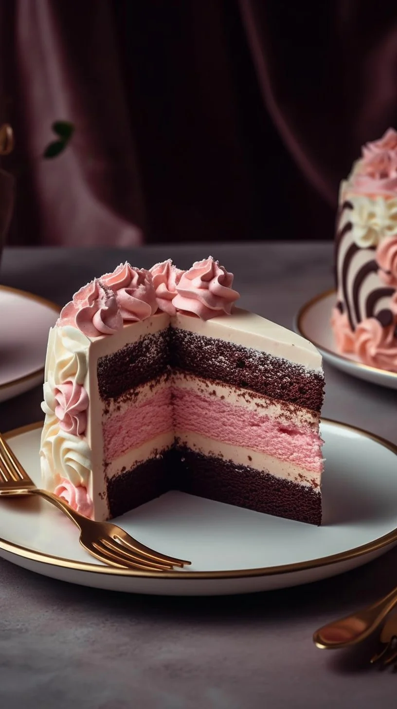 Delicious Neapolitan Cake with layers of chocolate, vanilla, and strawberry frosting