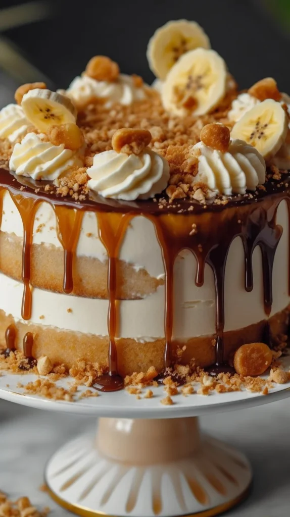No-Bake Banana Caramel Biscuit Layer Cake topped with caramel sauce and banana slices