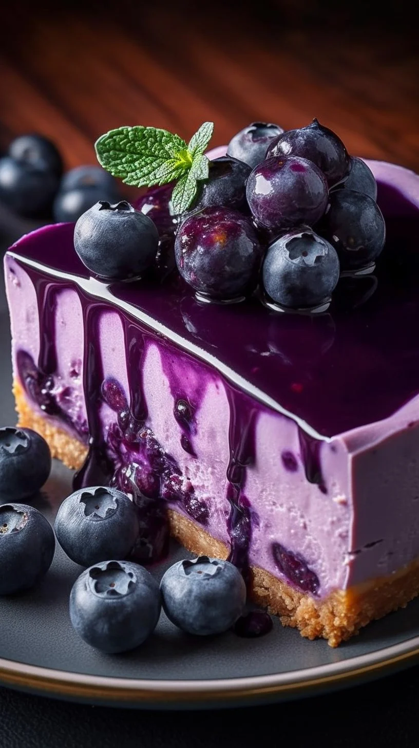 No-bake blueberry cheesecake topped with fresh blueberries and whipped cream
