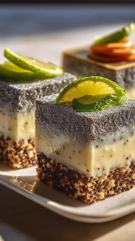 No-Bake Chia Pudding Bars topped with fruits and nuts