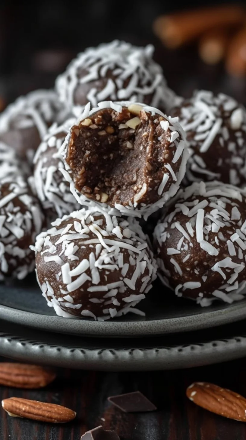 No bake chocolate pecan coconut bites stacked on a plate