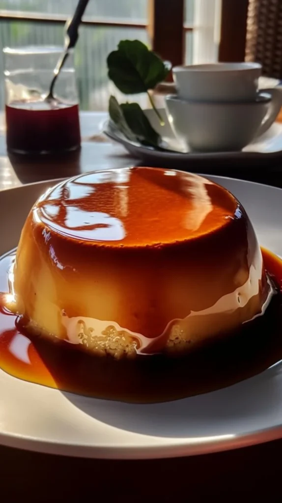 Delicious no bake cream cheese flan served on a plate with caramel drizzle