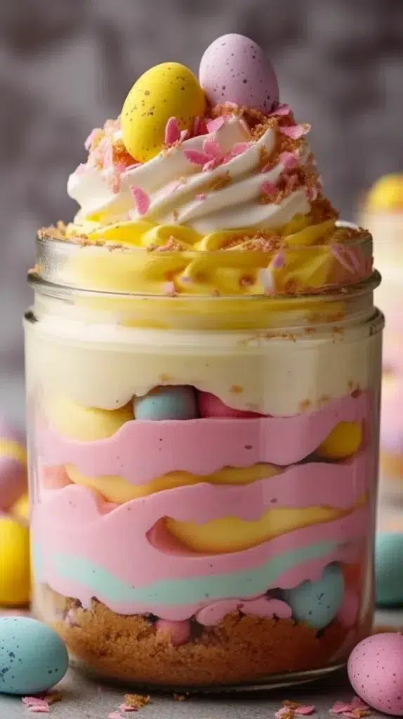 No Bake Easter Cheesecake in a jar, a colorful and creamy dessert for spring.