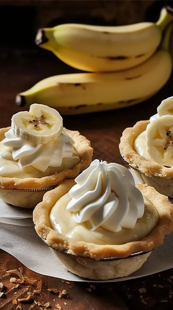 No Bake Mini Banana Cream Pies with fresh bananas and whipped cream topping