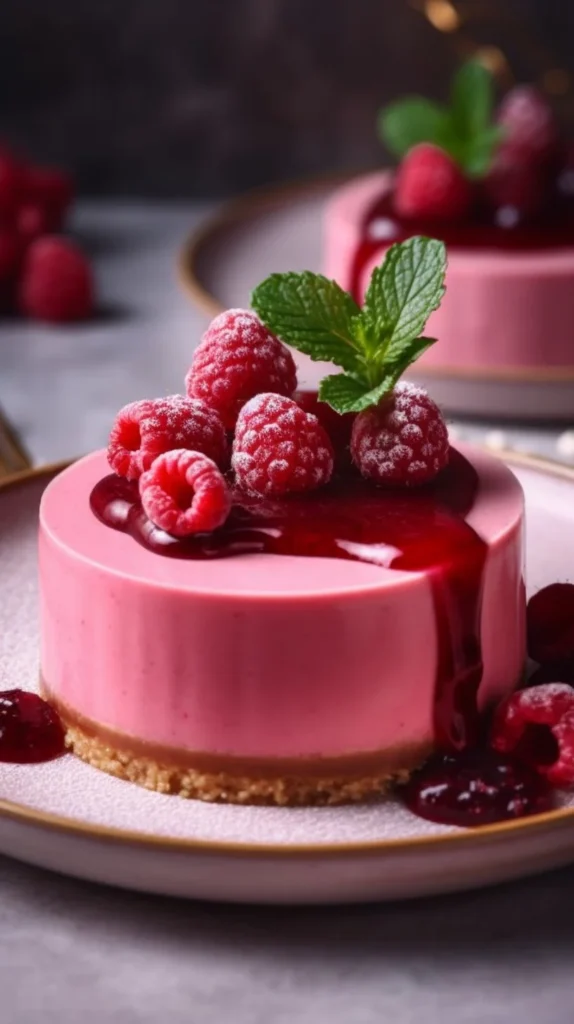 No-Bake Mini Raspberry Bavarois dessert topped with fresh raspberries