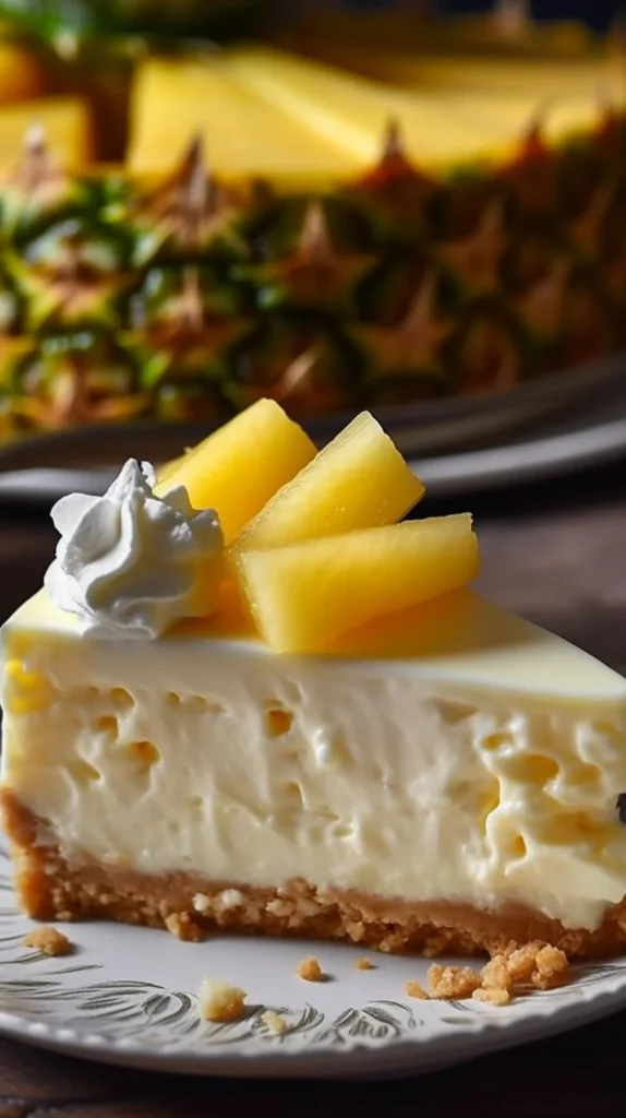 Delicious no bake pineapple mousse cheesecake with a creamy texture and tropical flavor.