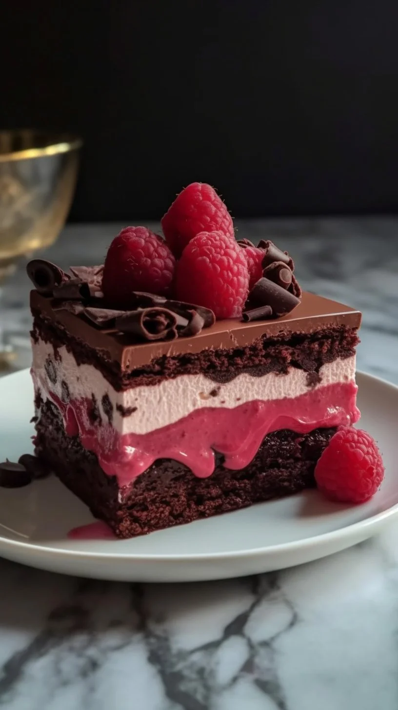 No bake raspberry chocolate lasagna dessert with layers of rich chocolate and fresh raspberries.