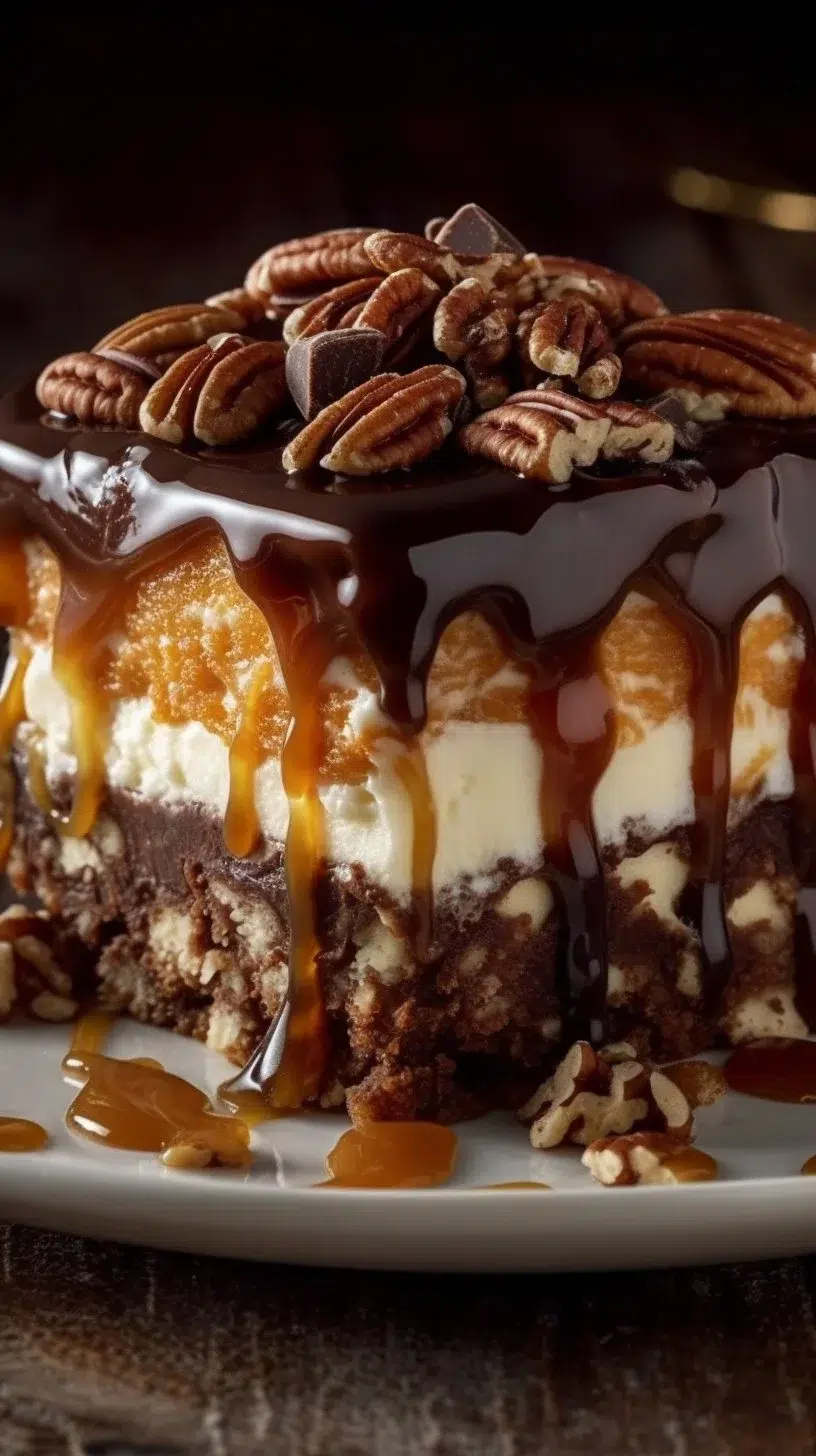 No Bake Turtle Lasagna topped with chocolate, caramel, and nuts.