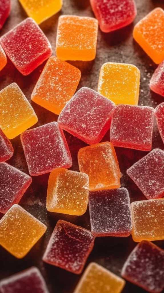 No-corn-syrup fruit jellies in colorful fruit shapes.