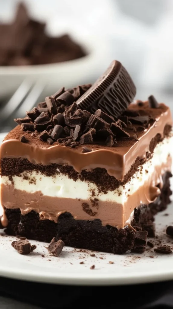 Decadent Oreo dessert layered with cream and chocolate crumbs