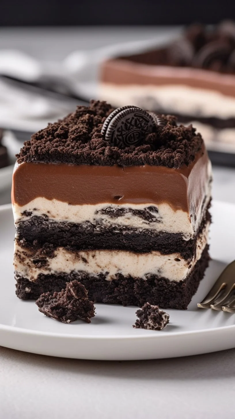 Delicious Oreo Lasagna dessert layered with cream and crushed Oreos