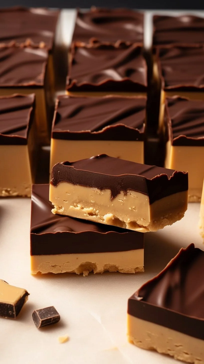 Delicious homemade peanut butter bars on a wooden platter