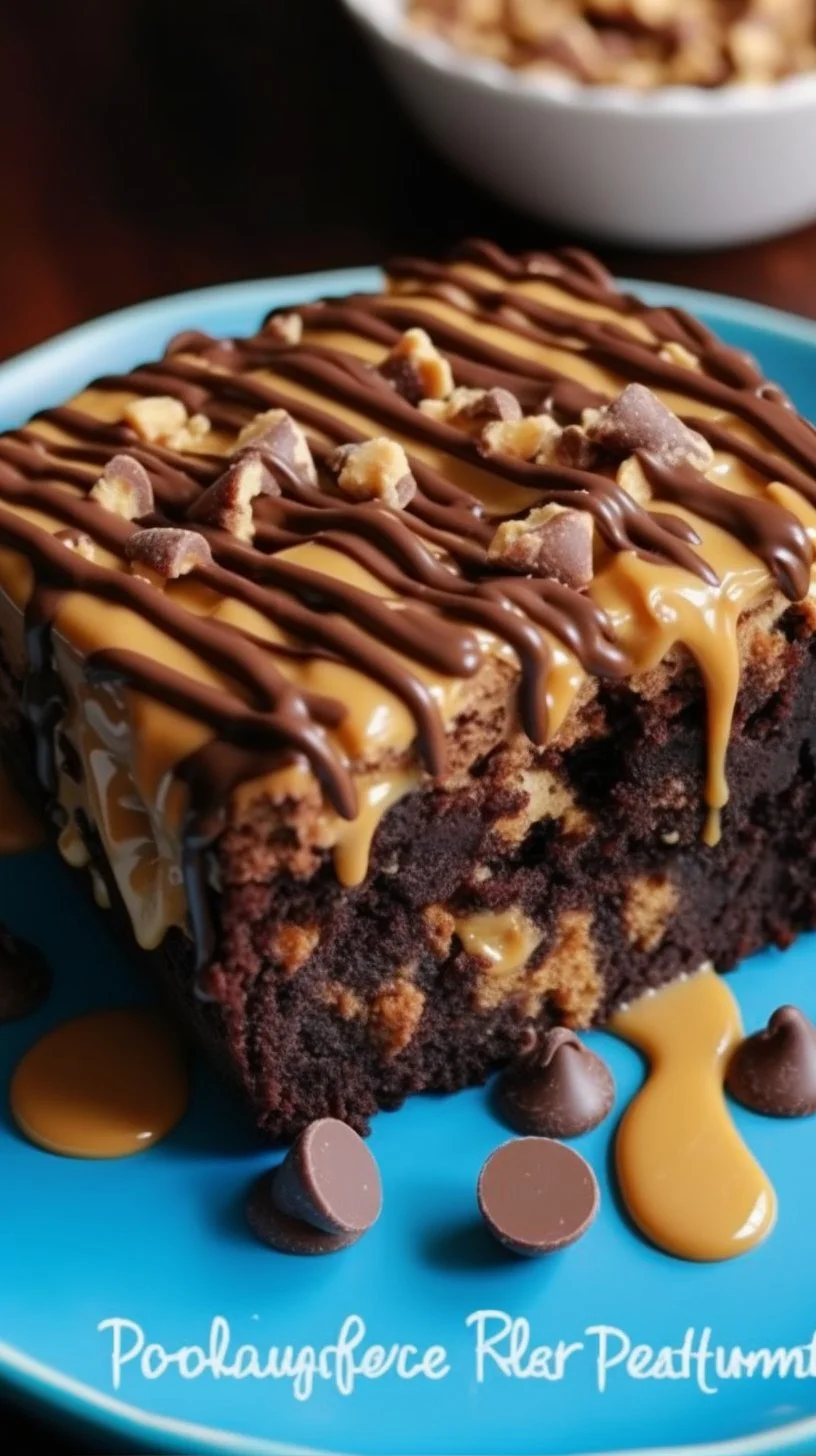 Delicious Peanut Butter Cup Dump Cake topped with melted chocolate and peanut butter cups