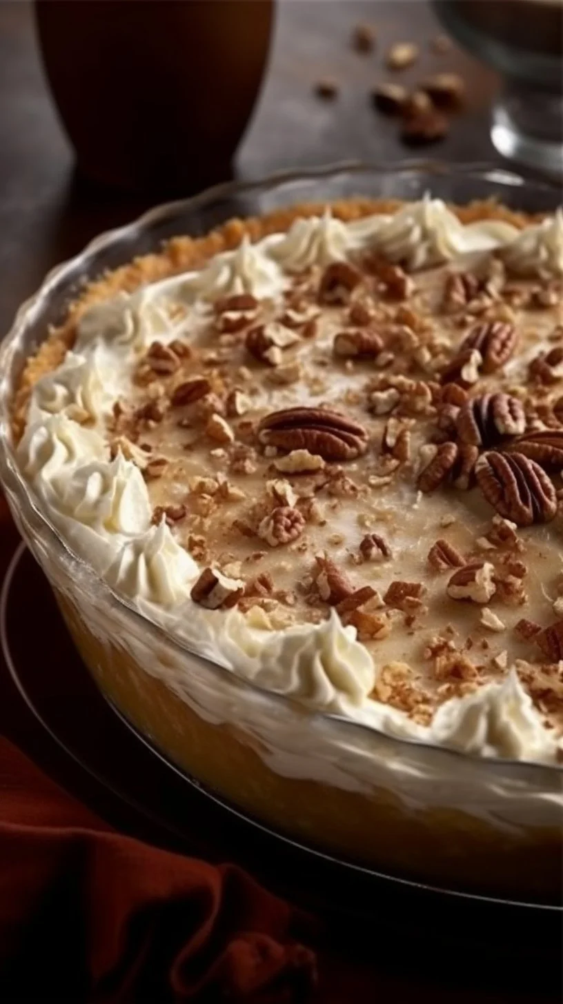 Delicious Pecan Cream Deep Dish Pie topped with whipped cream and pecans